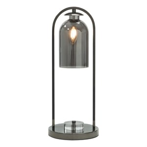 Benjara 21&quot Table Lamp- Cylinder Glass Shade- Round Base- Rustic Nickel Gray