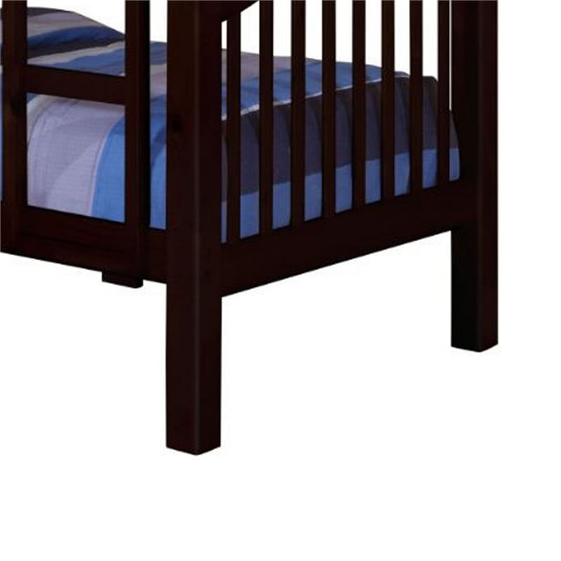 Benjara Twin Over Twin Bunk Bed- Pine Wood- Slatted Headboard- Espresso Brown