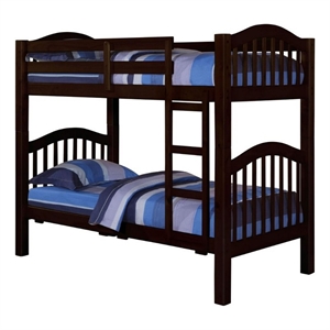 Benjara Twin Over Twin Bunk Bed- Pine Wood- Slatted Headboard- Espresso Brown