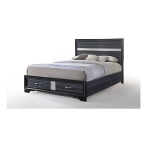 Benjara Nae Queen Size Bed- Rubberwood- Gray- Textured- Shimmery Acrylic Trim