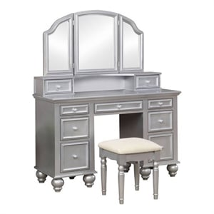 Benjara Cael 60&quot Vanity Desk with Stool- Drawers- 3 Sided Mirror- Silver Wood