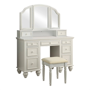 Benjara Cael 60&quot Vanity Desk with Stool- Drawers- 3 Sided Mirror- White Wood