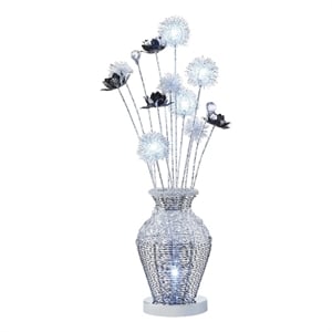 Benjara 32&quot Accent Table Lamp- Metal Flowers with Vase Design- Chrome Finish