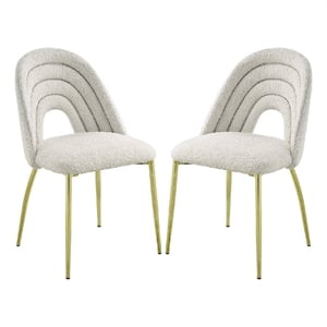 Benjara 25&quot Side Dining Chair Set of 2- White Teddy Sherpa- Gold Legs