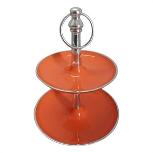 Benjara Lio 12&quot 2 Tier Serving Tray- Orange Round Plate- Silver Aluminum Finish