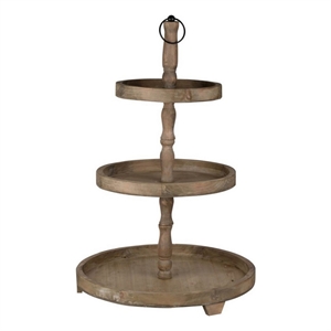 Benjara Zia 30&quot 3 Tier Serving Tray- Flat Round Plates- Brown Fir Wood Finish