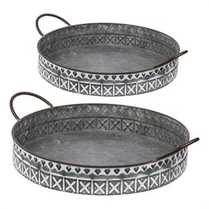 Benjara 18- 20&quot Set of 2 Round Serving Trays with Handles- Galvanized Gray Iron