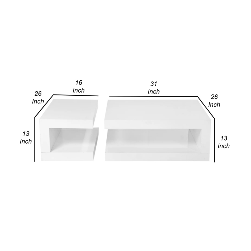 Benjara Jack 2 Piece Coffee Table Set- 2 Tiers- Tempered Glass- White Lacquer