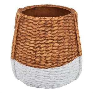 Benjara Reno 15&quot Planter- Rope Woven Design- White and Brown Finished Resin