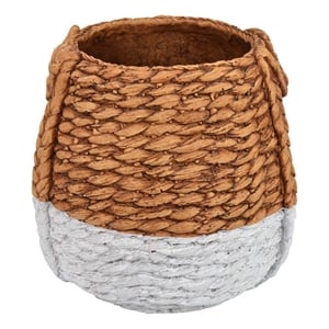 Benjara Reno 12&quot Planter- Rope Woven Design- White and Brown Finished Resin