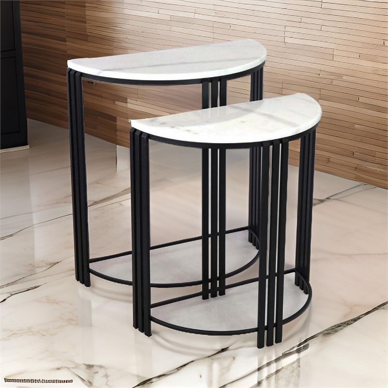 Benjara Wini Plant Stand Set of 2- Half Round Top with Curved Edges- Black Metal