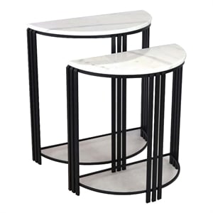 Benjara Wini Plant Stand Set of 2- Half Round Top with Curved Edges- Black Metal