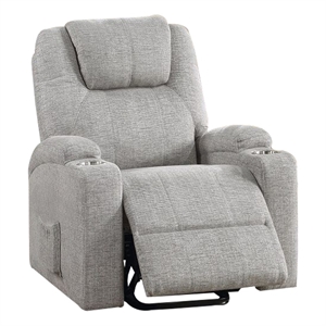 Benjara Evans 37&quot Recliner Chair- Power Lift- Cupholders- Chenille- Light Gray