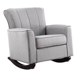 Benjara 34&quot Rocking Chair- Wood Frame- Vertical Channel Tufted Gray Linen