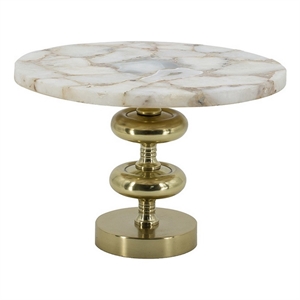 Benjara Avi 14&quot Cake Stand- Agate Round Top- Classic Gold Aluminum Pedestal