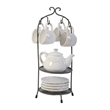 Benjara Zoya 10 Piece Tea Kettle and Cups Set with Metal Stand- White Porcelain