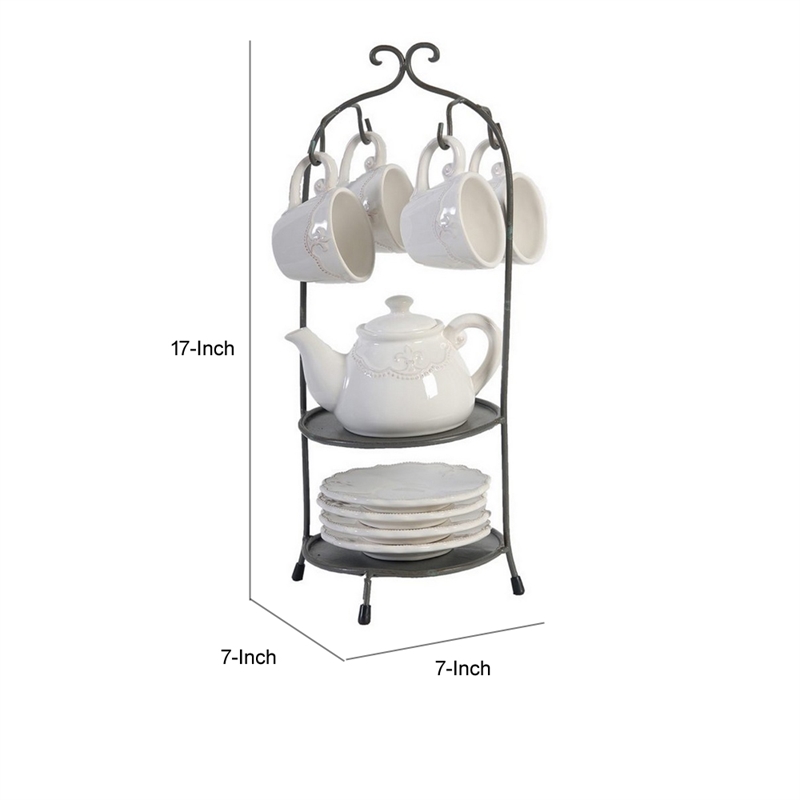 Benjara Zoya 10 Piece Tea Kettle and Cups Set with Metal Stand- White Porcelain