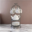Benjara Zoya 10 Piece Tea Kettle and Cups Set with Metal Stand- White Porcelain