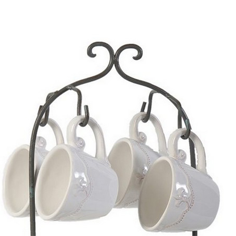Benjara Zoya 10 Piece Tea Kettle and Cups Set with Metal Stand- White Porcelain