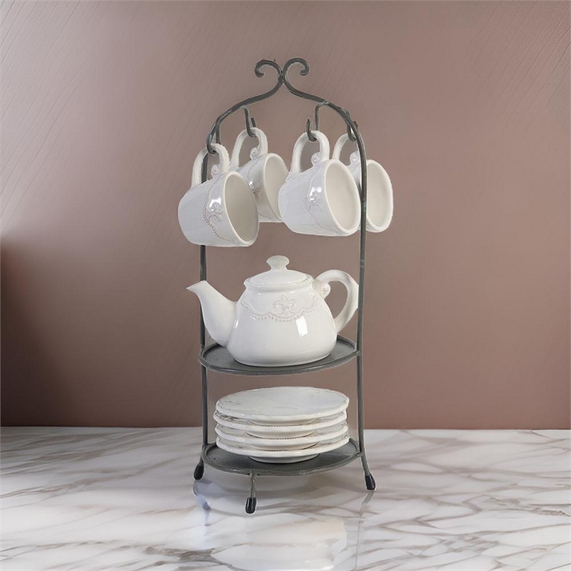 Benjara Zoya 10 Piece Tea Kettle and Cups Set with Metal Stand- White Porcelain