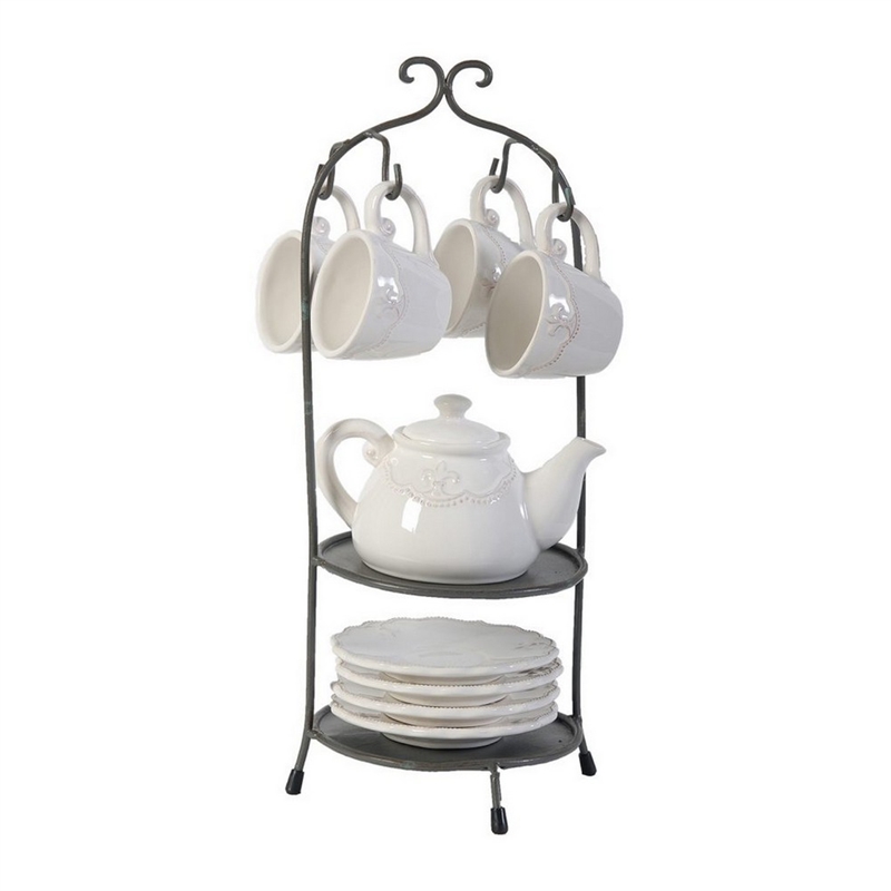 Benjara Zoya 10 Piece Tea Kettle and Cups Set with Metal Stand- White Porcelain