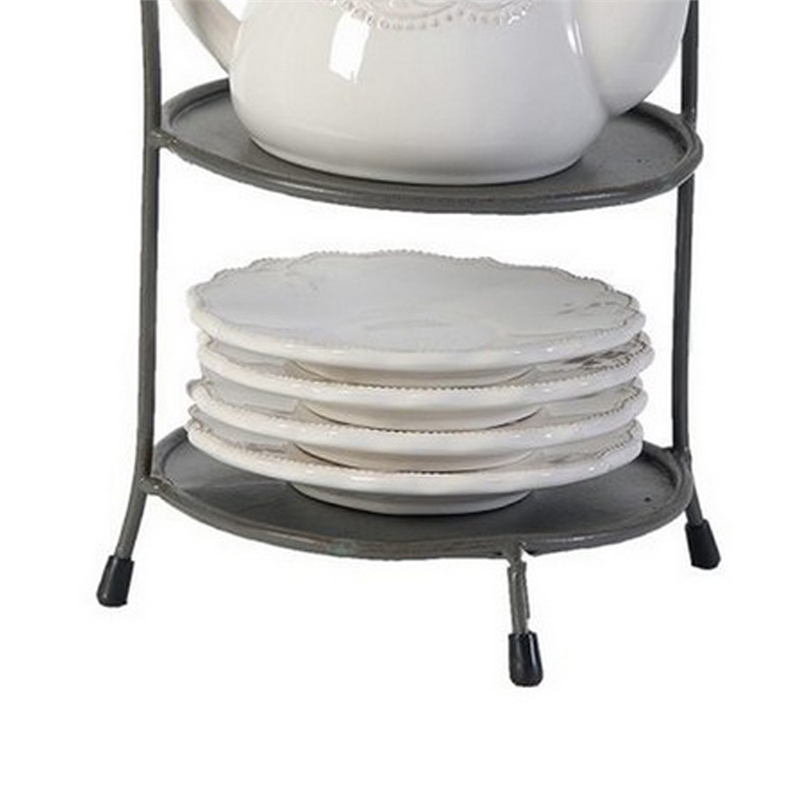 Benjara Zoya 10 Piece Tea Kettle and Cups Set with Metal Stand- White Porcelain