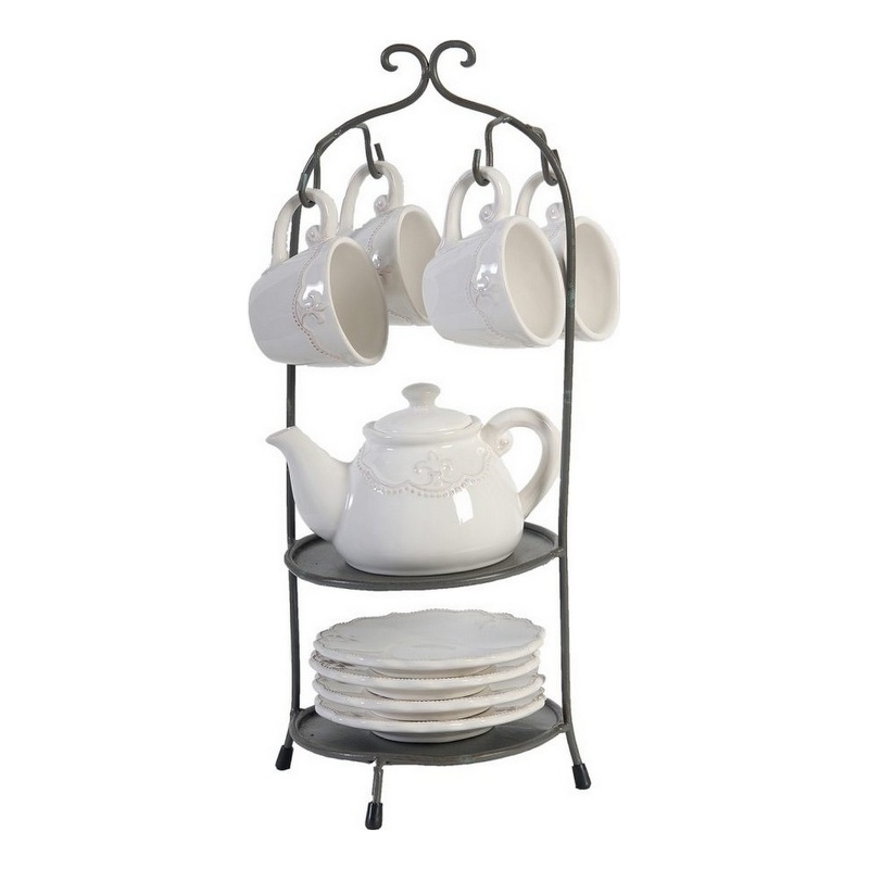 Benjara Zoya 10 Piece Tea Kettle and Cups Set with Metal Stand- White Porcelain