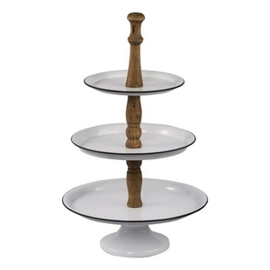 Benjara Mlyn 24&quot 3 Tier Serving Tray- Round Metal Base- White Brown- & Black