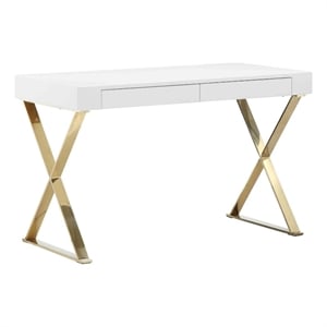 Benjara Rix 47&quot Office Desk- 2 Drawers- Gold Metal Base- Rectangular- White