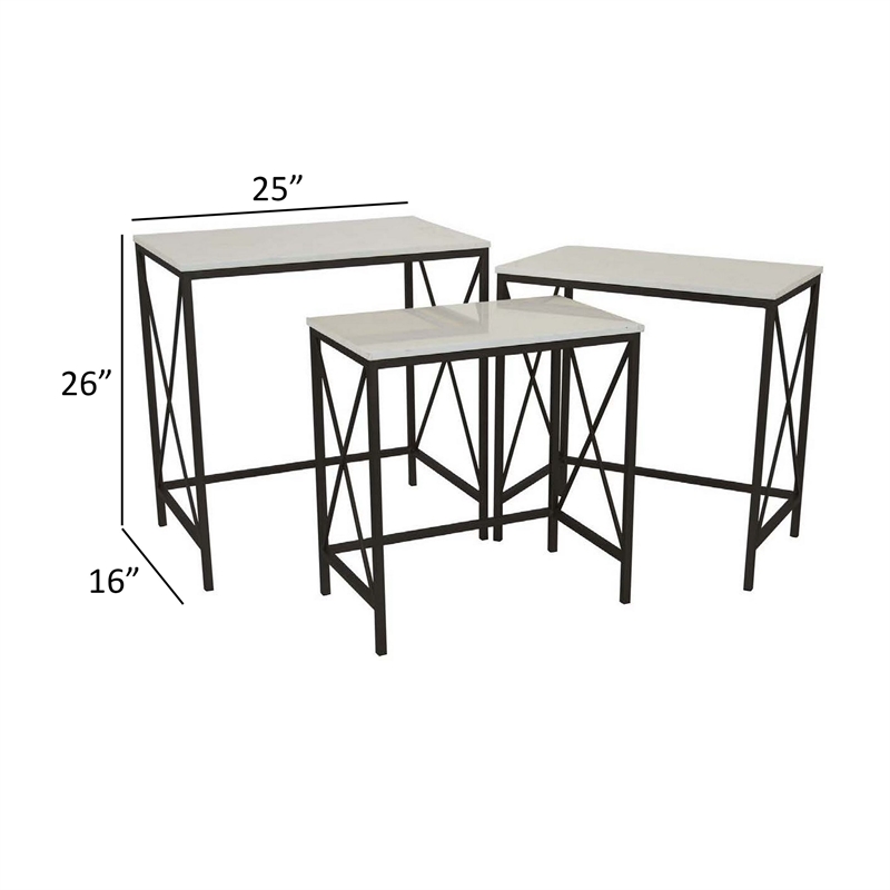 Benjara Zoe Plant Stand Table Set of 3-Metal-Rectangular Marble Top-Black Metal