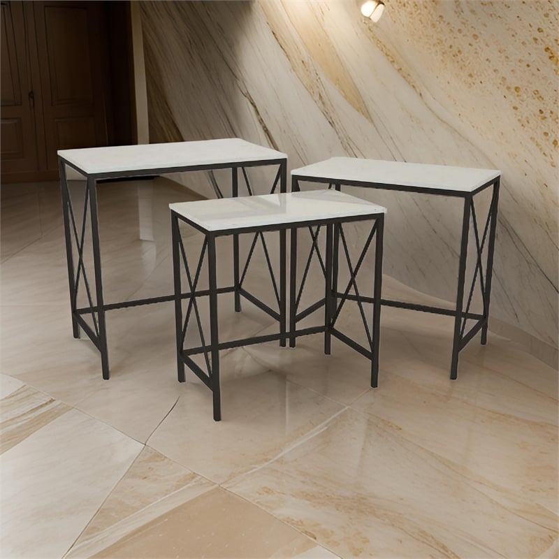 Benjara Zoe Plant Stand Table Set of 3-Metal-Rectangular Marble Top-Black Metal