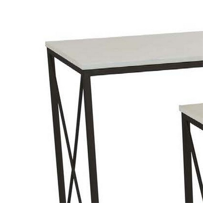 Benjara Zoe Plant Stand Table Set of 3-Metal-Rectangular Marble Top-Black Metal