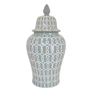 Benjara Deni 33&quot Temple Jar- Removable Lid- Carved Pattern- Ceramic- Mint Green