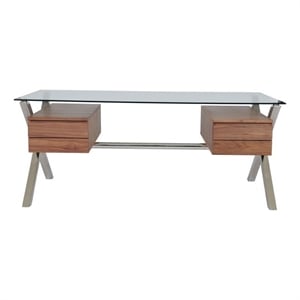 Benjara Tia 71&quot Large Office Desk- Glass Tempered Top- 4 Drawers- Light Brown