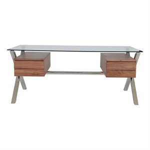 Benjara Tia 71&quot Large Office Desk- Glass Tempered Top- 4 Drawers- Light Brown