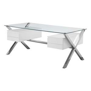 Benjara Tia 71&quot Large Office Desk- Glass Tempered Top- 4 Drawers- White Finish
