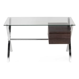 Benjara Tia 51&quot Small Office Desk- Glass Tempered Top- 2 Drawers- Dark Brown