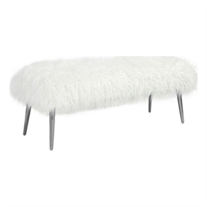 Benjara Ammy 45&quot Bench with Foam Fill Seat- White Faux Fur- Silver Metal Legs