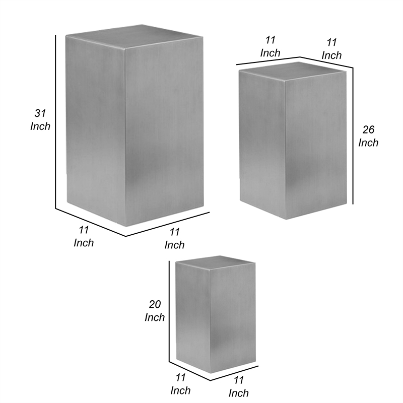 Benjara Meta Set of 3 Pedestal Display Stand-Square Pillars Brushed Silver Steel