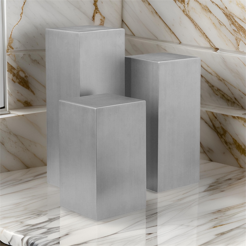 Benjara Meta Set of 3 Pedestal Display Stand-Square Pillars Brushed Silver Steel