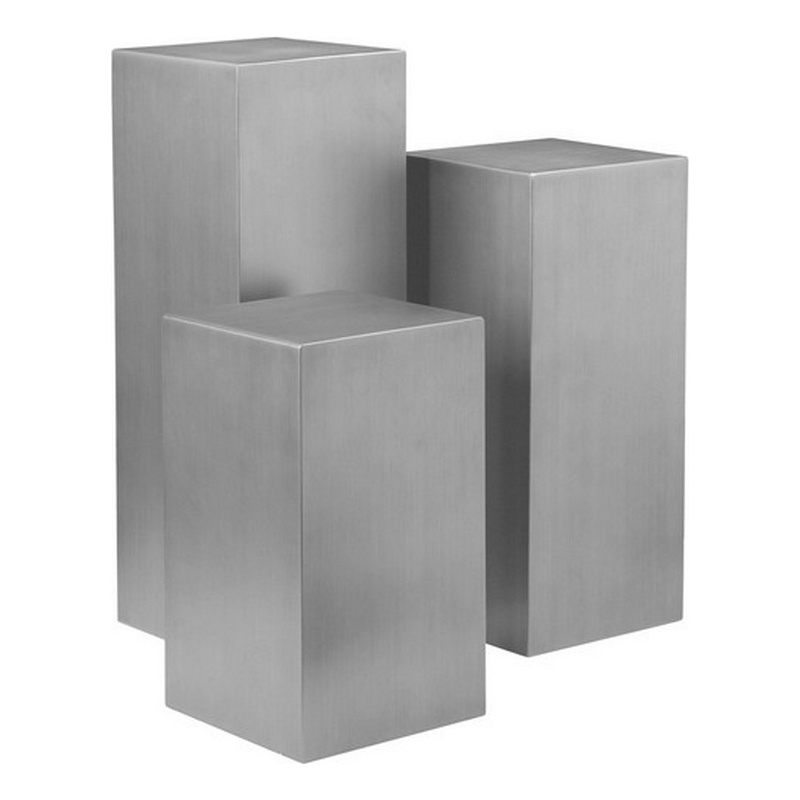 Benjara Meta Set of 3 Pedestal Display Stand-Square Pillars Brushed Silver Steel