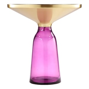 Benjara Len 21&quot Side End Table- Purple Blown Glass Bell Base- Funnel Gold Steel