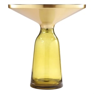 Benjara Len 21&quot Side End Table- Yellow Blown Glass Bell Base- Funnel Gold Steel