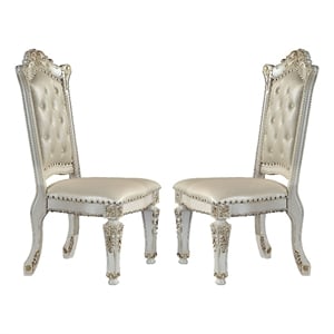 Benjara Doe 27&quot Side Dining Chair Set of 2- Nailhead- Tufted White Faux Leather