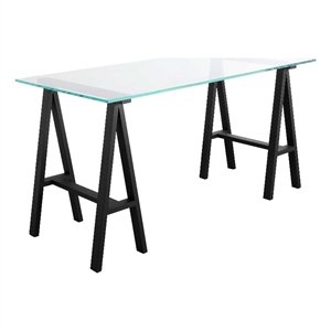 Benjara Rani 55&quot Office Desk- Tempered Glass Top- Modern Black Steel Frame