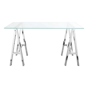 Benjara Rani 55&quot Office Desk- Tempered Glass Top- Modern Chrome Steel Frame