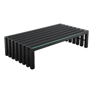 Benjara Namo 55&quot Coffee Table- Tempered Glass Top- Slatted Black Metal Frame