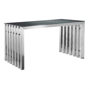 Benjara Namo 55&quot Office Desk- Tempered Glass Top- Slatted Silver Metal Frame
