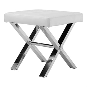 Benjara Tia 18&quot Accent Stool Ottoman- White Faux Leather Top- Chrome Steel Legs