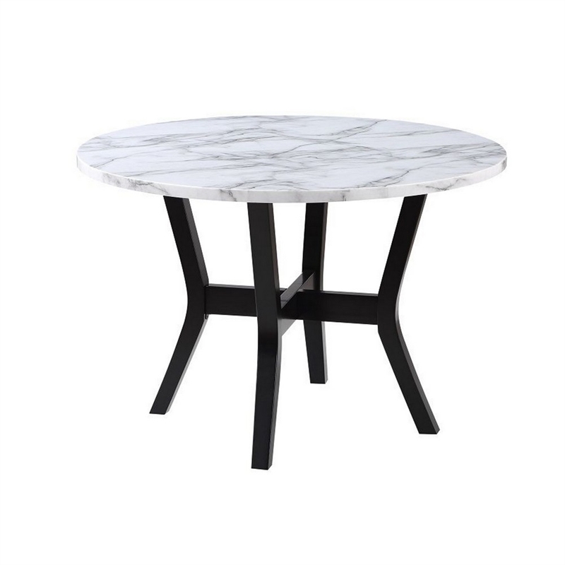 Benjara 5 Piece Dining Table and Chairs Set- Black Wood- Fabric- Faux Stone Top